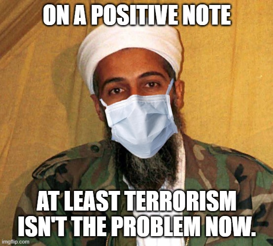 Bin Maskin | ON A POSITIVE NOTE; AT LEAST TERRORISM ISN'T THE PROBLEM NOW. | image tagged in osama bin laden,coronavirus,mask | made w/ Imgflip meme maker