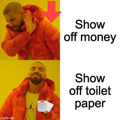 Drake Hotline Bling Meme | Show off money; Show off toilet paper | image tagged in memes,drake hotline bling | made w/ Imgflip meme maker