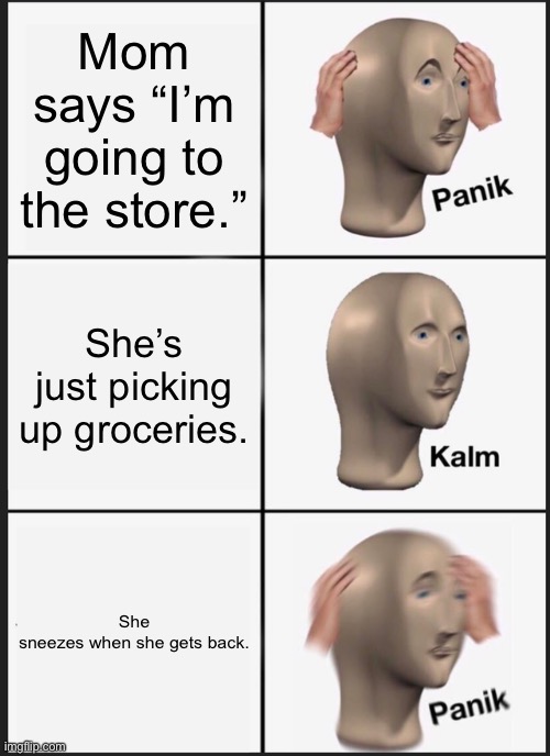 Panik Kalm Panik | Mom says “I’m going to the store.”; She’s just picking up groceries. She sneezes when she gets back. | image tagged in memes,panik kalm panik | made w/ Imgflip meme maker