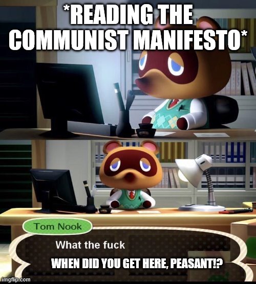 Tom Nook | *READING THE COMMUNIST MANIFESTO*; WHEN DID YOU GET HERE, PEASANT!? | image tagged in tom nook | made w/ Imgflip meme maker