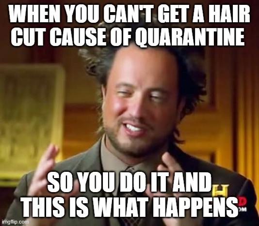 Ancient Aliens | WHEN YOU CAN'T GET A HAIR
CUT CAUSE OF QUARANTINE; SO YOU DO IT AND THIS IS WHAT HAPPENS | image tagged in memes,ancient aliens | made w/ Imgflip meme maker