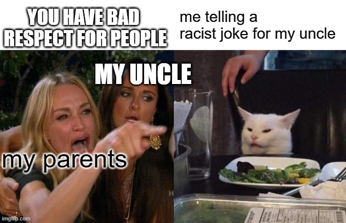 Woman Yelling At Cat Meme | YOU HAVE BAD  RESPECT FOR PEOPLE; me telling a racist joke for my uncle; MY UNCLE; my parents | image tagged in memes,woman yelling at cat | made w/ Imgflip meme maker