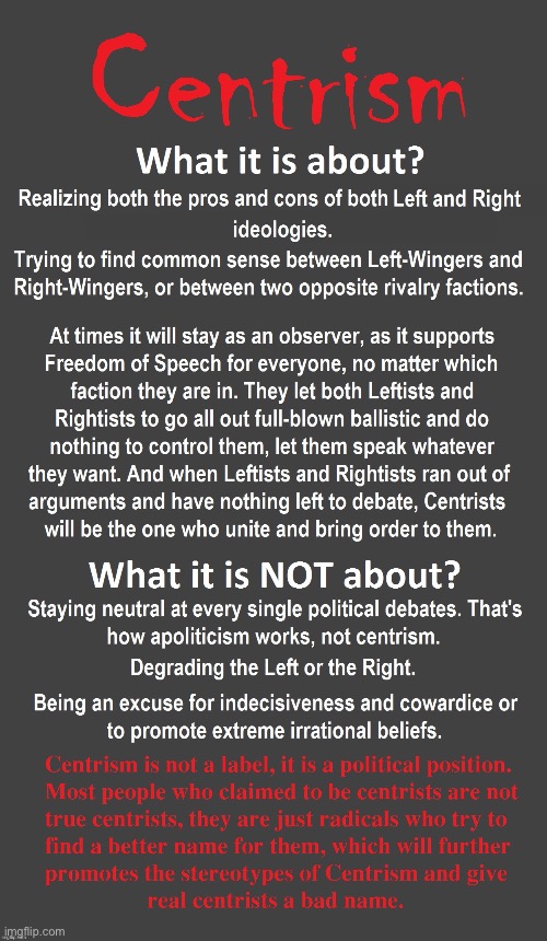 Saw this in the “politics” stream the other day and it really resonated with me. What is Centrism? | image tagged in political meme,politics,debate,right wing,left wing,partisanship | made w/ Imgflip meme maker