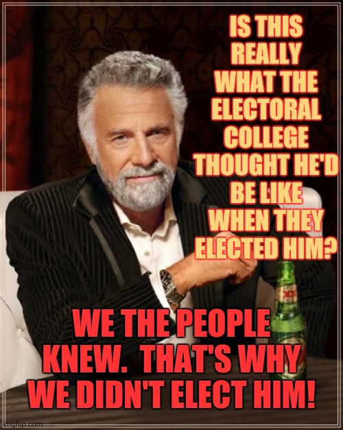 He Is, By Far, The Worst | IS THIS REALLY WHAT THE ELECTORAL COLLEGE THOUGHT HE'D BE LIKE WHEN THEY ELECTED HIM? WE THE PEOPLE KNEW.  THAT'S WHY WE DIDN'T ELECT HIM! | image tagged in memes,trump unfit unqualified dangerous,liar in chief,trump lies,lock him up,trump is an asshole | made w/ Imgflip meme maker