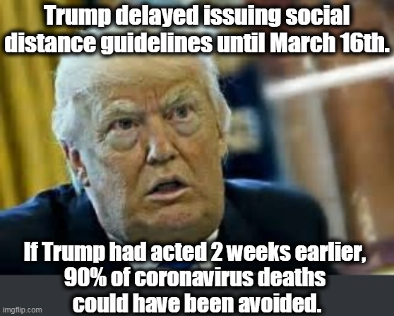 Donald Trump, Mass Murderer. Two weeks lost while dithering and playing political games. And he's been ducking blame ever since. | Trump delayed issuing social distance guidelines until March 16th. If Trump had acted 2 weeks earlier, 
90% of coronavirus deaths 
could have been avoided. | image tagged in trump aghast and out of his depth,trump,coronavirus,covid-19,incompetence,murderer | made w/ Imgflip meme maker