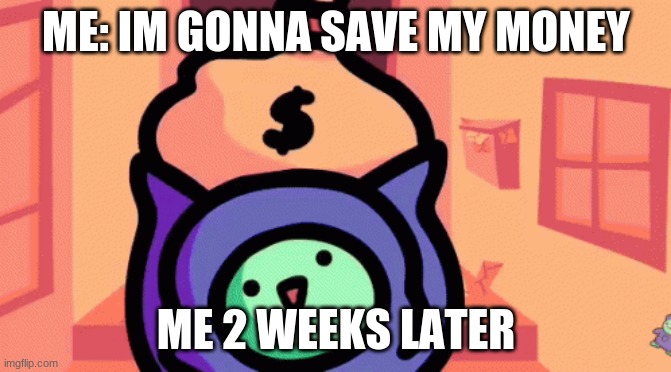 ME: IM GONNA SAVE MY MONEY; ME 2 WEEKS LATER | image tagged in funny | made w/ Imgflip meme maker