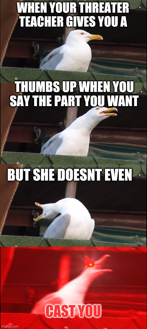 Inhaling Seagull Meme | WHEN YOUR THREATER TEACHER GIVES YOU A; THUMBS UP WHEN YOU SAY THE PART YOU WANT; BUT SHE DOESNT EVEN; CAST YOU | image tagged in memes,inhaling seagull | made w/ Imgflip meme maker