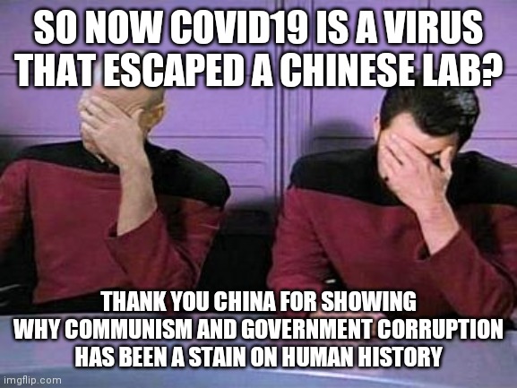 Its finally been announced, the virus that has wrecked havoc across the globe escaped from a lab! | SO NOW COVID19 IS A VIRUS THAT ESCAPED A CHINESE LAB? THANK YOU CHINA FOR SHOWING WHY COMMUNISM AND GOVERNMENT CORRUPTION HAS BEEN A STAIN ON HUMAN HISTORY | image tagged in double palm,government corruption,chinese | made w/ Imgflip meme maker