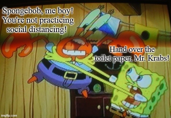 Sponge Bob Loses It. | Spongebob, me boy! You're not practicing social distancing! Hand over the toilet paper, Mr. Krabs! | image tagged in sponge bob loses it | made w/ Imgflip meme maker