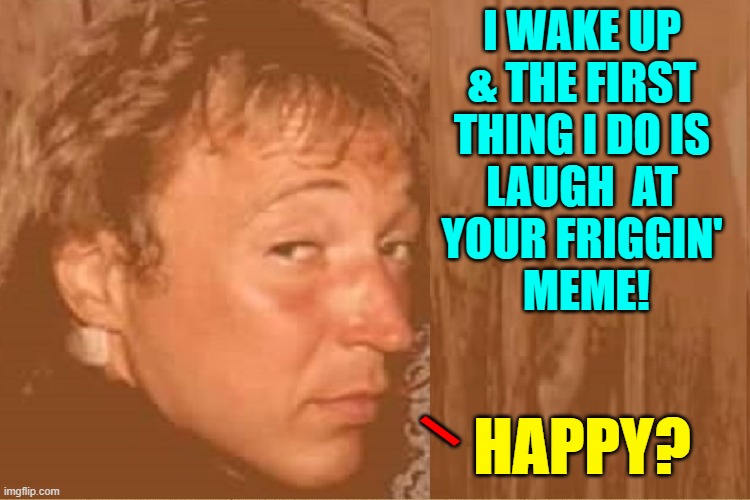 Meanwhile on ImgFlip.... | I WAKE UP & THE FIRST THING I DO IS LAUGH  AT YOUR FRIGGIN'       MEME! HAPPY? \ | image tagged in vince vance,imgflip community,imgflip users,laughter,memes,imgflippers | made w/ Imgflip meme maker
