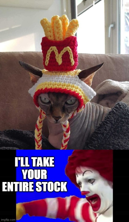 FRY HAT | I'LL TAKE YOUR ENTIRE STOCK | image tagged in cats,funny cats,ronald mcdonald,mcdonalds | made w/ Imgflip meme maker