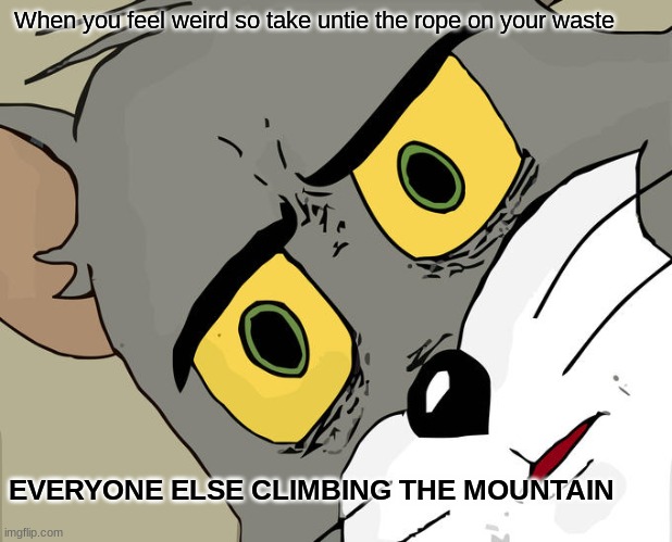 Unsettled Tom Meme | When you feel weird so take untie the rope on your waste; EVERYONE ELSE CLIMBING THE MOUNTAIN | image tagged in memes,unsettled tom | made w/ Imgflip meme maker