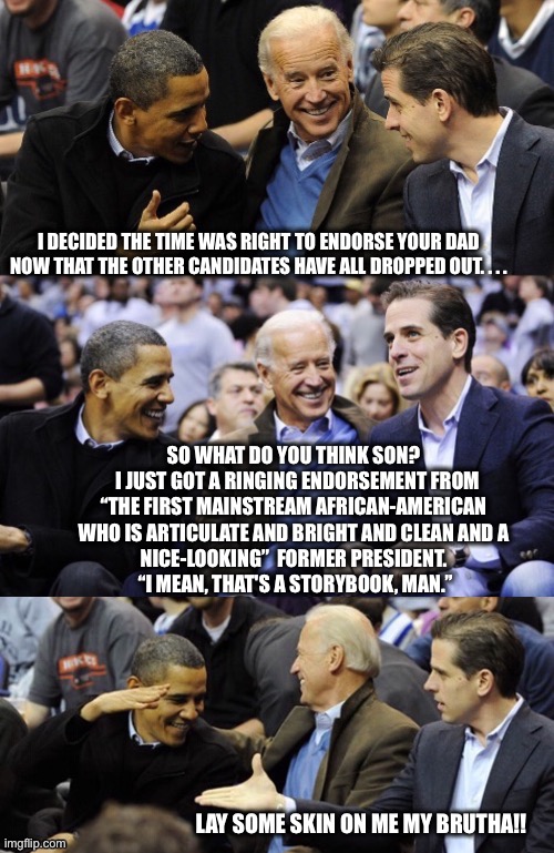 Actual Joe Biden quote describing Obama in 2007.  It’s out of context, but...C’mon Man it’s just a meme!! | I DECIDED THE TIME WAS RIGHT TO ENDORSE YOUR DAD NOW THAT THE OTHER CANDIDATES HAVE ALL DROPPED OUT. . . . SO WHAT DO YOU THINK SON?
  I JUST GOT A RINGING ENDORSEMENT FROM

 “THE FIRST MAINSTREAM AFRICAN-AMERICAN 

WHO IS ARTICULATE AND BRIGHT AND CLEAN AND A NICE-LOOKING”  FORMER PRESIDENT.
  “I MEAN, THAT'S A STORYBOOK, MAN.”; LAY SOME SKIN ON ME MY BRUTHA!! | image tagged in bad pun biden,obama | made w/ Imgflip meme maker