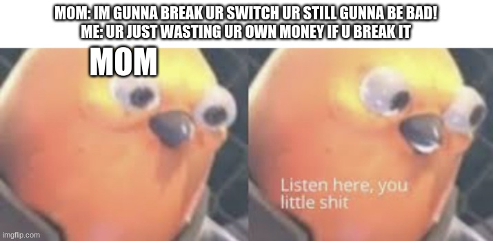 Listen here you little shit bird | MOM: IM GUNNA BREAK UR SWITCH UR STILL GUNNA BE BAD!
ME: UR JUST WASTING UR OWN MONEY IF U BREAK IT; MOM | image tagged in listen here you little shit bird | made w/ Imgflip meme maker