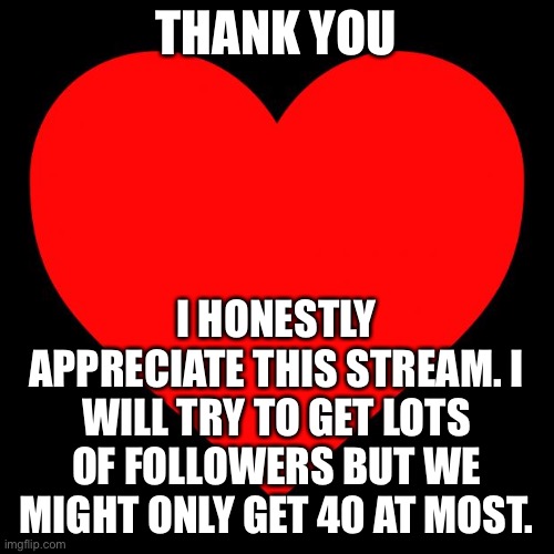 Heart | THANK YOU; I HONESTLY APPRECIATE THIS STREAM. I WILL TRY TO GET LOTS OF FOLLOWERS BUT WE MIGHT ONLY GET 40 AT MOST. | image tagged in heart | made w/ Imgflip meme maker