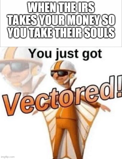 WHEN THE IRS TAKES YOUR MONEY SO YOU TAKE THEIR SOULS | image tagged in you just got vectored | made w/ Imgflip meme maker