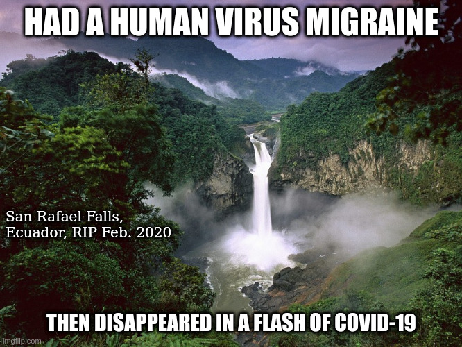 HAD A HUMAN VIRUS MIGRAINE; San Rafael Falls, Ecuador, RIP Feb. 2020; THEN DISAPPEARED IN A FLASH OF COVID-19 | image tagged in san rafael falls,ecuador,covid-19 | made w/ Imgflip meme maker