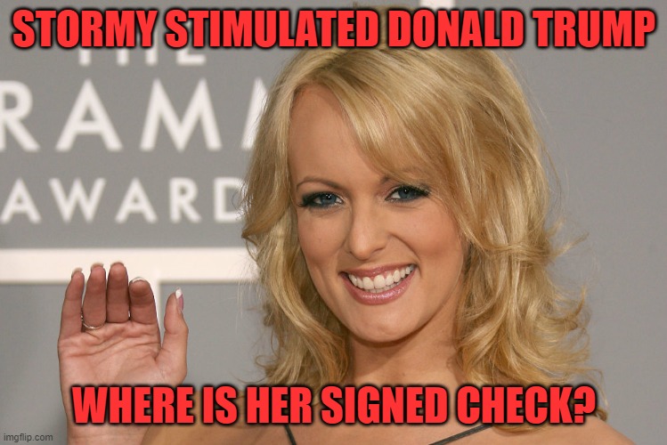Stormy Daniels | STORMY STIMULATED DONALD TRUMP; WHERE IS HER SIGNED CHECK? | image tagged in stormy daniels | made w/ Imgflip meme maker