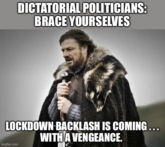 They won’t like the results of US citizens deciding they won’t follow these tin pot dictator’s orders. | DICTATORIAL POLITICIANS:
BRACE YOURSELVES; LOCKDOWN BACKLASH IS COMING . . .
WITH A VENGEANCE. | image tagged in prepare yourself,coronavirus,covid-19,tyranny,government stuoidity,backlash | made w/ Imgflip meme maker