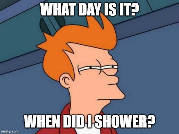 Futurama Fry | WHAT DAY IS IT? WHEN DID I SHOWER? | image tagged in memes,futurama fry | made w/ Imgflip meme maker