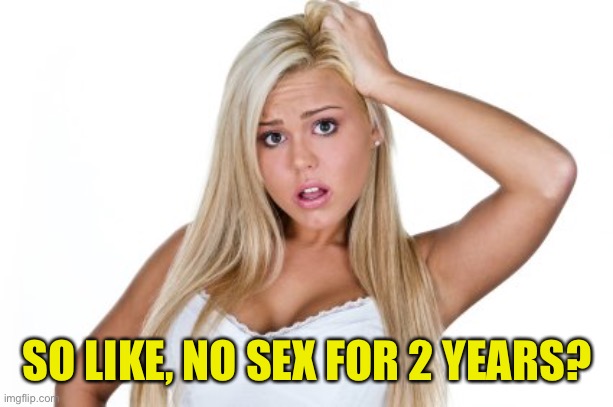 Dumb Blonde | SO LIKE, NO SEX FOR 2 YEARS? | image tagged in dumb blonde | made w/ Imgflip meme maker
