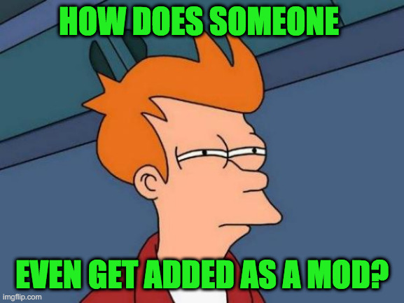 Futurama Fry Meme | HOW DOES SOMEONE EVEN GET ADDED AS A MOD? | image tagged in memes,futurama fry | made w/ Imgflip meme maker