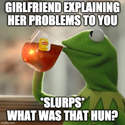 But That's None Of My Business | GIRLFRIEND EXPLAINING HER PROBLEMS TO YOU; *SLURPS*
WHAT WAS THAT HUN? | image tagged in memes,but that's none of my business,kermit the frog | made w/ Imgflip meme maker