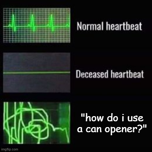 not the CAN OPENER | "how do i use a can opener?" | image tagged in heartbeat rate,this makes no sense | made w/ Imgflip meme maker