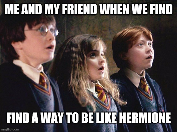 Hermione | ME AND MY FRIEND WHEN WE FIND; FIND A WAY TO BE LIKE HERMIONE | image tagged in hermione | made w/ Imgflip meme maker