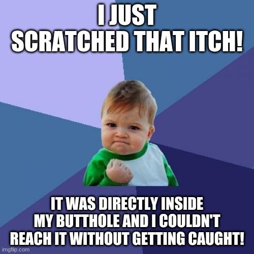 Success Kid | I JUST SCRATCHED THAT ITCH! IT WAS DIRECTLY INSIDE MY BUTTHOLE AND I COULDN'T REACH IT WITHOUT GETTING CAUGHT! | image tagged in memes,success kid | made w/ Imgflip meme maker