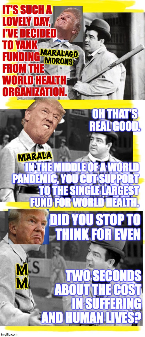 No he did not. | IT'S SUCH A
LOVELY DAY,
I'VE DECIDED 
TO YANK
FUNDING
FROM THE WORLD HEALTH ORGANIZATION. MARALAGO MORONS; OH THAT'S REAL GOOD. MARALA; IN THE MIDDLE OF A WORLD
PANDEMIC, YOU CUT SUPPORT
TO THE SINGLE LARGEST
FUND FOR WORLD HEALTH. DID YOU STOP TO
THINK FOR EVEN; TWO SECONDS ABOUT THE COST IN SUFFERING AND HUMAN LIVES? M
M | image tagged in memes,who,trump,maralago morons,thoughtless loser | made w/ Imgflip meme maker
