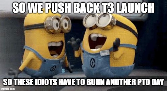 Excited Minions Meme | SO WE PUSH BACK T3 LAUNCH; SO THESE IDIOTS HAVE TO BURN ANOTHER PTO DAY | image tagged in memes,excited minions | made w/ Imgflip meme maker