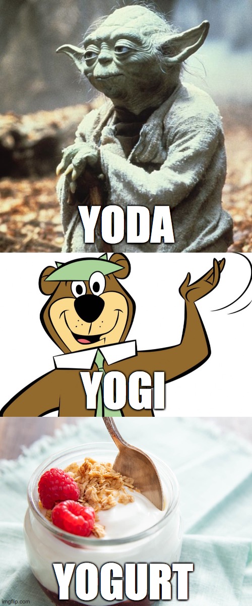 3 stages of YO ! | YODA; YOGI; YOGURT | image tagged in yoda,memes,funny,yogi bear,yogurt | made w/ Imgflip meme maker