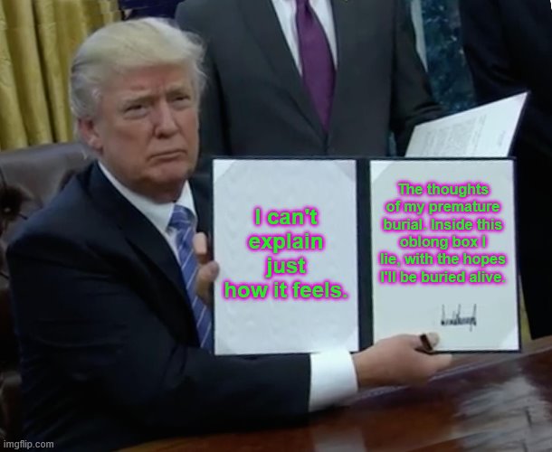 Trump Bill Signing | I can't explain just how it feels. The thoughts of my premature burial. Inside this oblong box I lie, with the hopes I'll be buried alive. | image tagged in memes,trump bill signing | made w/ Imgflip meme maker