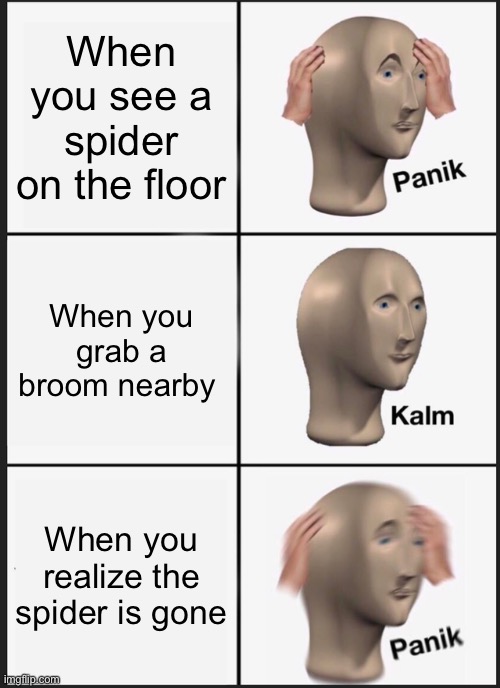 Panik Kalm Panik | When you see a spider on the floor; When you grab a broom nearby; When you realize the spider is gone | image tagged in memes,panik kalm panik | made w/ Imgflip meme maker