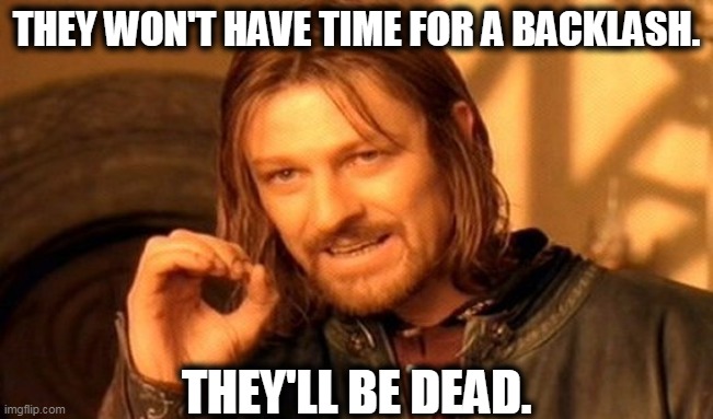 One Does Not Simply Meme | THEY WON'T HAVE TIME FOR A BACKLASH. THEY'LL BE DEAD. | image tagged in memes,one does not simply | made w/ Imgflip meme maker