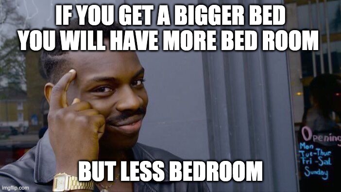 Roll Safe Think About It | IF YOU GET A BIGGER BED YOU WILL HAVE MORE BED ROOM; BUT LESS BEDROOM | image tagged in memes,roll safe think about it | made w/ Imgflip meme maker