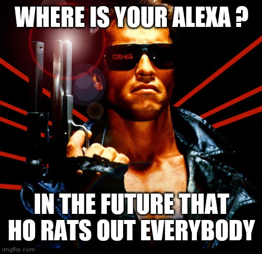 the terminator | WHERE IS YOUR ALEXA ? IN THE FUTURE THAT HO RATS OUT EVERYBODY | image tagged in the terminator | made w/ Imgflip meme maker