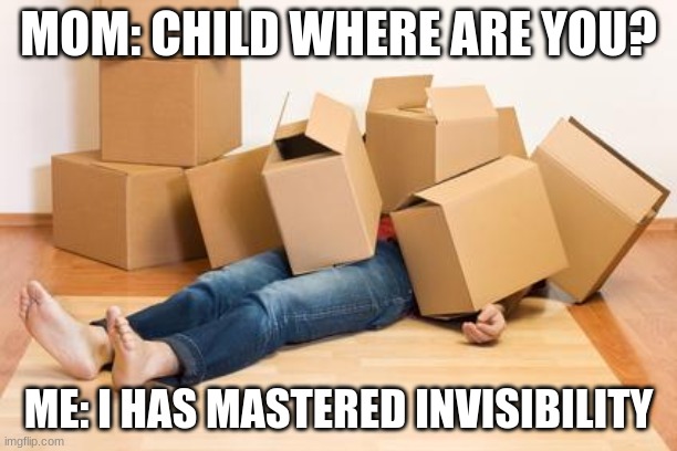 Your friend needs help moving... | MOM: CHILD WHERE ARE YOU? ME: I HAS MASTERED INVISIBILITY | image tagged in your friend needs help moving | made w/ Imgflip meme maker