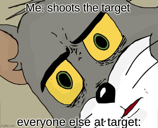 Unsettled Tom | Me: shoots the target; everyone else at target: | image tagged in memes,unsettled tom | made w/ Imgflip meme maker