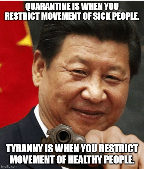 Xi Jinping | QUARANTINE IS WHEN YOU RESTRICT MOVEMENT OF SICK PEOPLE. TYRANNY IS WHEN YOU RESTRICT MOVEMENT OF HEALTHY PEOPLE. | image tagged in xi jinping | made w/ Imgflip meme maker