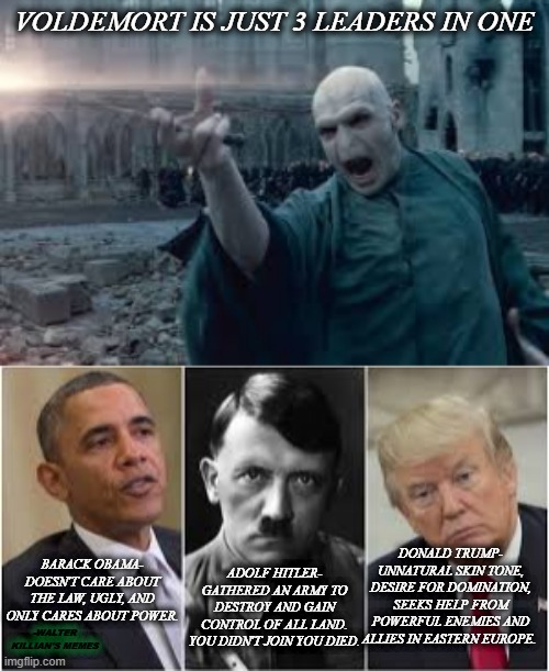 VOLDEMORT IS JUST 3 LEADERS IN ONE; BARACK OBAMA- DOESN'T CARE ABOUT THE LAW, UGLY, AND ONLY CARES ABOUT POWER. DONALD TRUMP- UNNATURAL SKIN TONE, DESIRE FOR DOMINATION, SEEKS HELP FROM POWERFUL ENEMIES AND ALLIES IN EASTERN EUROPE. ADOLF HITLER- GATHERED AN ARMY TO DESTROY AND GAIN CONTROL OF ALL LAND. YOU DIDN'T JOIN YOU DIED. -WALTER KILLIAN'S MEMES | image tagged in barack obama,harry potter,donald trump,adolf hitler,lord voldemort,walter killian' memes | made w/ Imgflip meme maker