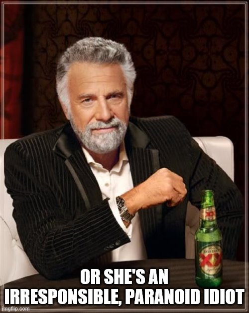 The Most Interesting Man In The World Meme | OR SHE'S AN IRRESPONSIBLE, PARANOID IDIOT | image tagged in memes,the most interesting man in the world | made w/ Imgflip meme maker