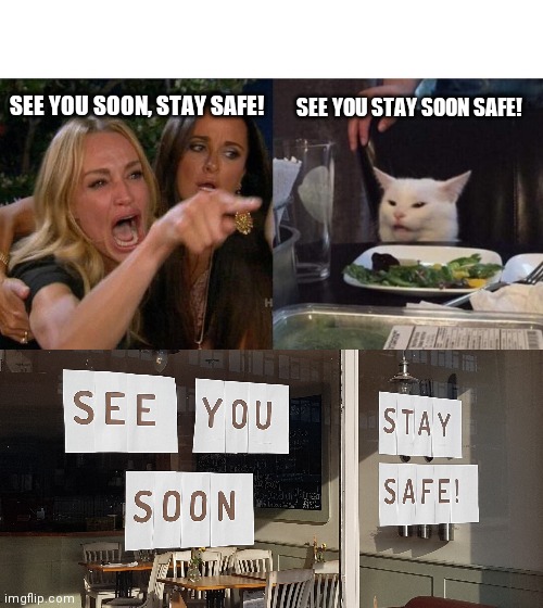 SEE YOU SOON, STAY SAFE! SEE YOU STAY SOON SAFE! | image tagged in memes,woman yelling at cat | made w/ Imgflip meme maker
