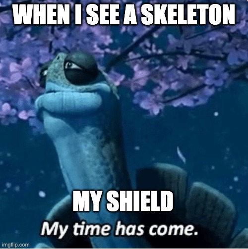 My Time Has Come | WHEN I SEE A SKELETON; MY SHIELD | image tagged in my time has come | made w/ Imgflip meme maker