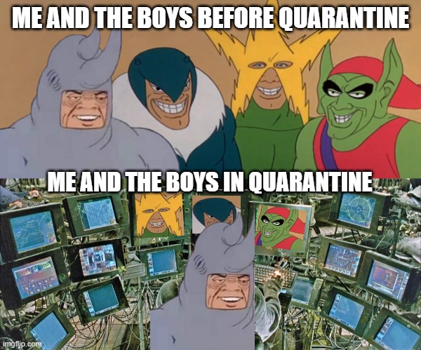 ME AND THE BOYS BEFORE QUARANTINE; ME AND THE BOYS IN QUARANTINE | image tagged in matrix monitors,me and the boys | made w/ Imgflip meme maker