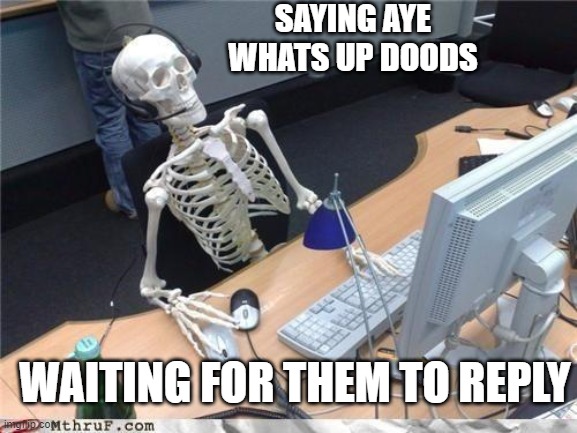 Waiting skeleton | SAYING AYE WHATS UP DOODS; WAITING FOR THEM TO REPLY | image tagged in waiting skeleton | made w/ Imgflip meme maker