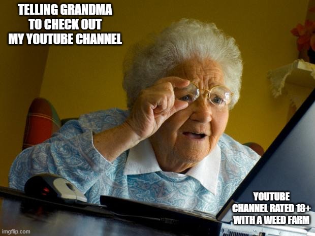 Old lady at computer finds the Internet | TELLING GRANDMA TO CHECK OUT MY YOUTUBE CHANNEL; YOUTUBE CHANNEL RATED 18+ WITH A WEED FARM | image tagged in old lady at computer finds the internet | made w/ Imgflip meme maker