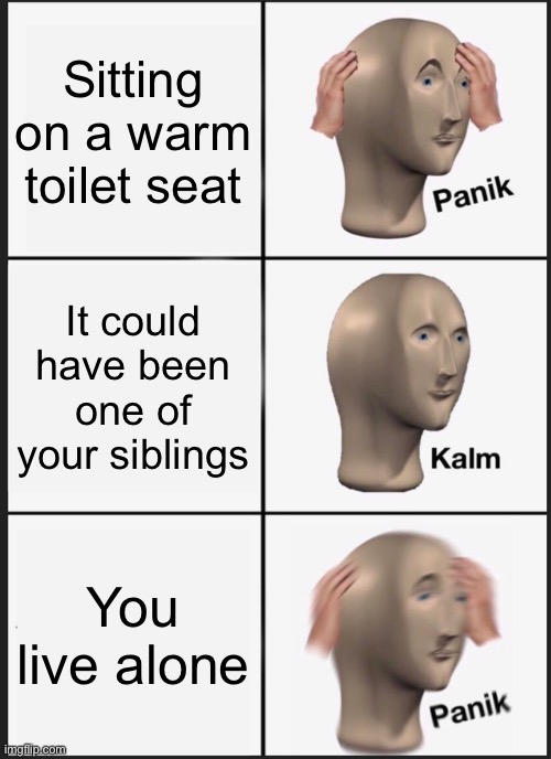 Panik Kalm Panik | Sitting on a warm toilet seat; It could have been one of your siblings; You live alone | image tagged in memes,panik kalm panik | made w/ Imgflip meme maker