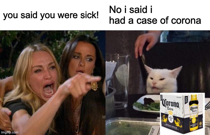 Woman Yelling At Cat Meme | you said you were sick! No i said i had a case of corona | image tagged in memes,woman yelling at cat | made w/ Imgflip meme maker